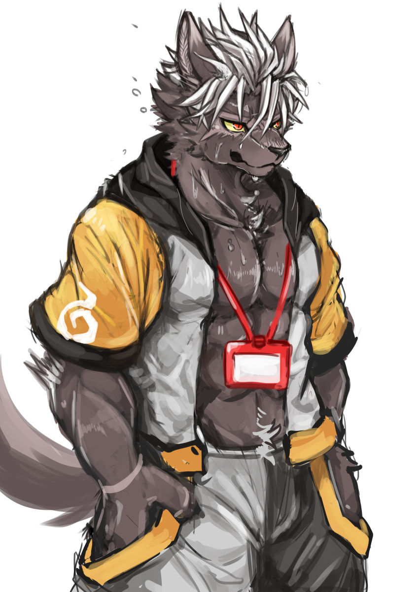 absurd_res anthro ao_gravity canid canine canis clothed clothing domestic_dog fur hand_in_pocket hi_res lifewonders looking_aside male mammal open_clothing open_shirt open_topwear pockets shirt simple_background solo standing tadatomo_(tas) tokyo_afterschool_summoners topwear wet wet_body wet_fur white_background