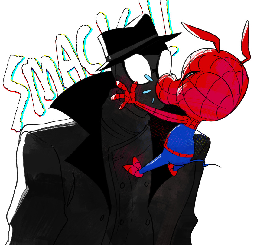 2023 absurd_res closed_eyes domestic_pig english_text hi_res human interspecies kissing male mammal onomatopoeia romantic romantic_couple scepterno simple_background solo sound_effects spider-ham_(character) spider-man:_into_the_spider-verse spider-man_noir suid suina sus_(pig) text white_background