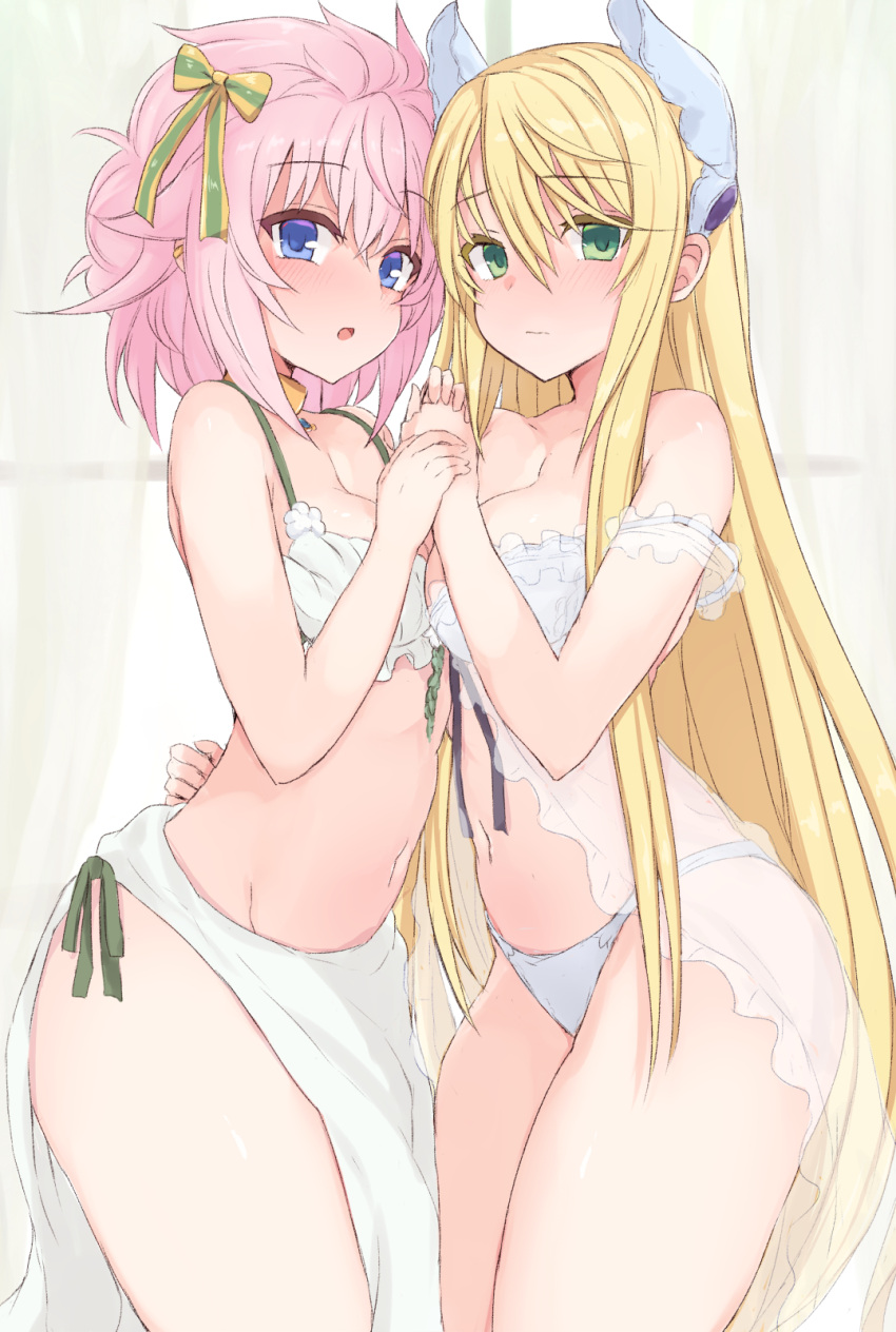 2girls babydoll blonde_hair blue_eyes blush bow bra breasts closed_mouth feet_out_of_frame green_bow green_eyes hairbow highres holding_hands large_breasts long_hair looking_at_viewer medium_breasts multiple_girls navel ocha_(ochappie) panties parted_lips pink_hair rance_(series) rance_10 sheila_helman short_hair sill_plain two-tone_bow underwear white_bra white_panties yellow_bow