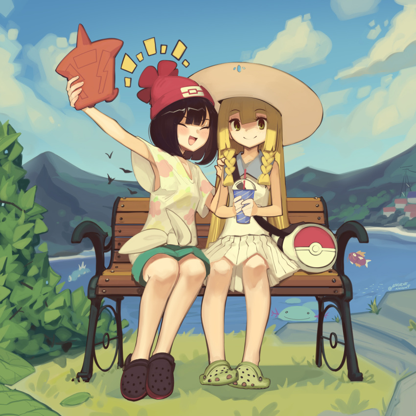 2girls bag bare_shoulders beanie blonde_hair boa_(brianoa) braid breasts dress duffel_bag green_eyes green_shorts gyarados hat highres lillie_(pokemon) long_hair looking_at_viewer magikarp multiple_girls pokemon pokemon_(creature) pokemon_sm red_headwear rotom rotom_dex selene_(pokemon) shirt shorts sleeveless sleeveless_dress small_breasts smile sun_hat tied_shirt twin_braids white_dress wooper yellow_shirt