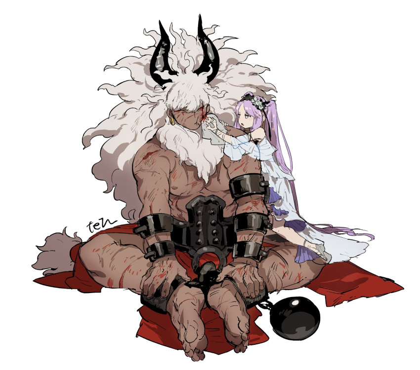 1boy asterios_(fate) ball_and_chain_restraint barefoot black_hairband blood closed_eyes dress earrings euryale_(fate) fate/grand_order fate_(series) female hairband highres injury jewelry mane purple_hair scar scar_on_chest scar_on_face simple_background single_earring sitting tetsu_(teppei) topless_male twintails white_background white_dress white_hair wiping_face