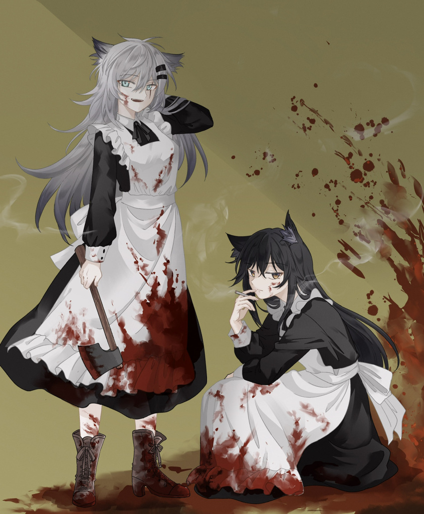 2girls alternate_costume animal_ear_fluff animal_ears antenna_hair apron aqua_eyes arknights arm_rest axe back_bow between_fingers black_bow black_bowtie black_dress black_hair blood blood_on_axe blood_on_clothes blood_on_face blood_on_ground blood_on_wall blood_on_weapon blood_splatter boots bow bowtie breasts brown_footwear buttons cigarette closed_mouth collared_dress commentary_request cross-laced_footwear dress enmaided expressionless fangs food_on_body food_on_legs frilled_apron frills from_side full_body grey_hair hair_between_eyes hair_ornament hairclip hand_in_own_hair hand_up highres holding holding_axe holding_cigarette holding_weapon indoors invisible_floor itonatsu lace-up_boots lappland_(arknights) long_hair long_sleeves looking_at_viewer looking_to_the_side maid maid_apron medium_breasts messy_hair multiple_girls open_mouth pale_skin scar scar_across_eye scar_on_face shadow shoelaces sleeve_cuffs smile smoke smoke_trail smoking squatting standing teeth texas_(arknights) upper_teeth_only wall wallpaper_(object) weapon white_apron white_bow wing_collar wolf_ears wolf_girl yellow_eyes