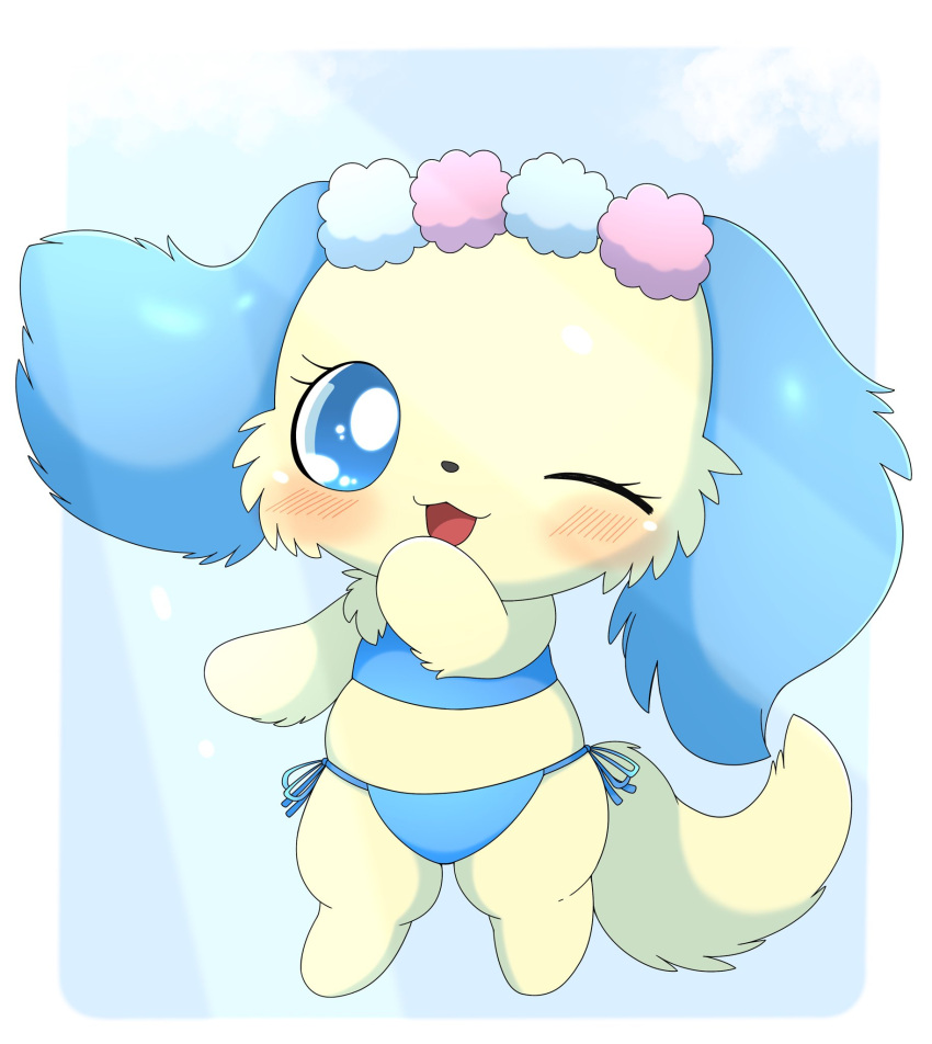 anthro azuo bikini blue_bikini blue_body blue_clothing blue_eyes blue_fur blue_swimwear blush border canid canine canis chibi chibifur clothing domestic_dog female fur hi_res jewelpet mammal one_eye_closed sanrio sapphie_(jewelpet) sega sega_fave semi-anthro solo swimwear white_border wink yellow_body yellow_fur