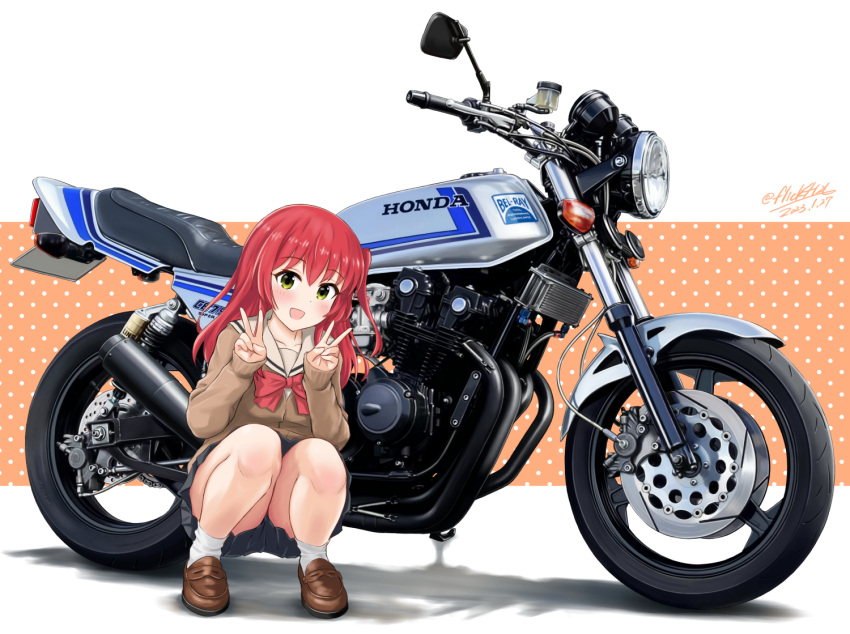 blue_skirt bocchi_the_rock! brown_footwear brown_shirt dated double_v female flick_(sal23) full_body green_eyes honda honda_cb750k kita_ikuyo loafers looking_at_viewer motor_vehicle motorcycle neckerchief one_side_up open_mouth pleated_skirt red_hair red_neckerchief sailor_collar school_uniform shirt shoes shuka_high_school_uniform skirt socks solo squatting thighs twitter_username v white_sailor_collar white_socks