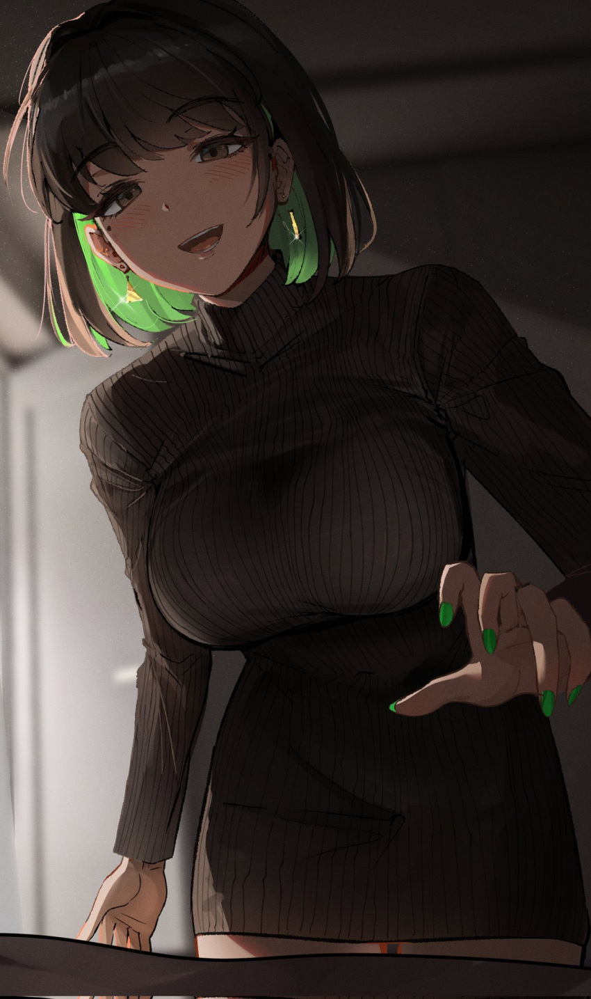 black_hair blush breasts brown_eyes colored_inner_hair earrings english_commentary female green_eyes green_hair highres jewelry large_breasts looking_at_viewer miru_(ormille) mole mole_on_breast mole_under_eye multicolored_hair open_mouth original ormille short_hair smile solo sweater two-tone_hair