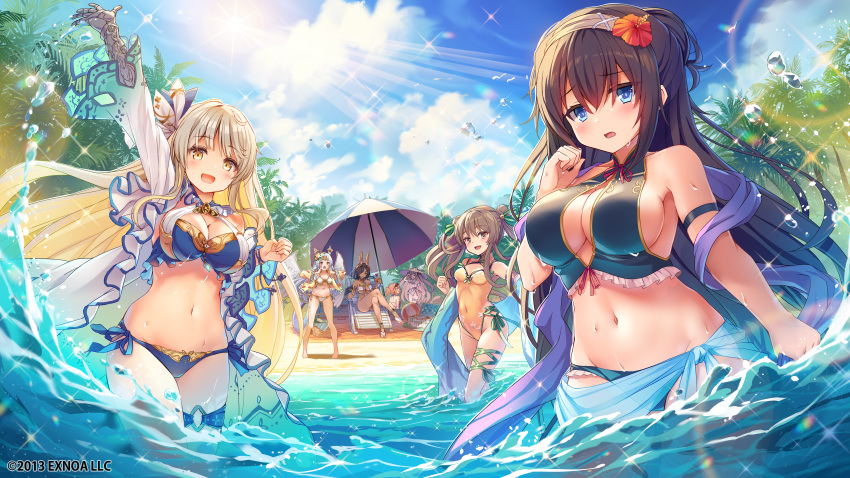 2013 6+girls :d absurdres animal_ears arm_up armband ball beach beach_towel beach_umbrella beachball bikini black_bikini black_hair blonde_hair blue_bikini blue_eyes blue_sarong blue_shawl blue_sky blush breasts brown_eyes brown_hair chair cleavage cleavage_cutout clenched_hand clothing_cutout cloud cloudy_sky colored_inner_hair company_name cooler covered_navel criss-cross_straps crossed_legs diamond_o-ring diffraction_spikes dot_nose double_bun dragon_girl dragon_horns dragon_tail dragon_wings dress fake_animal_ears floating_hair flower furrowed_brow gauntlets green_ribbons groin hair_between_eyes hair_bun hair_flower hair_ornament hair_ribbon hairband halterneck highres horn_ornament horn_ring horns horteus_(sennen_sensou_aigis) large_breasts lens_flare light_brown_hair long_hair long_sleeves lounge_chair lowleg lowleg_bikini multicolored_hair multiple_girls nataku_(sennen_sensou_aigis) navel neck_ribbon o-ring o-ring_thigh_strap official_art one-piece_swimsuit open_clothes open_dress orange_flower orange_one-piece_swimsuit outdoors palm_tree puro_(sennen_sensou_aigis) purple_shawl red_ribbon ribbon rinne_(sennen_sensou_aigis) sanara_(sennen_sensou_aigis) sand sarong second-party_source sennen_sensou_aigis shade shawl side-tie_bikini_bottom sideboob sidelocks single_gauntlet sky smile sparkle splashing standing stomach summer sun sunlight swimsuit tail thigh_strap towel tram_(sennen_sensou_aigis) tree twintails umbrella very_long_hair wading water_drop waving wet white_bikini white_dress white_wings wings wurm_(sennen_sensou_aigis)