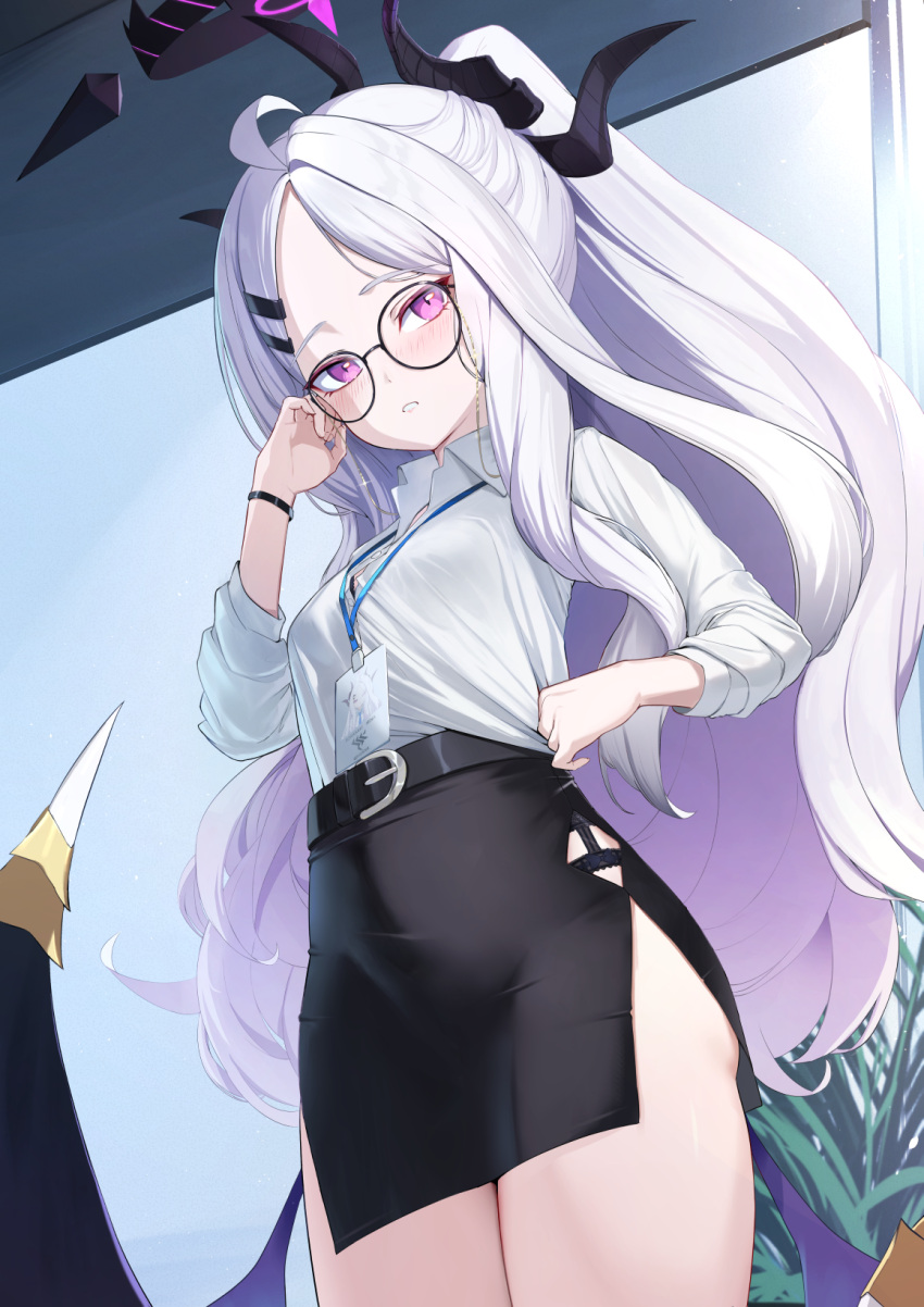 badge belt bespectacled blue_archive demon_girl demon_horns demon_wings female garter_belt glasses hair_ornament hairclip halo highres hina_(blue_archive) hip_vent horns indoors long_hair long_sleeves looking_at_viewer low_wings multiple_horns office_lady parted_bangs purple_eyes rui_rubellent shirt skirt solo thighs white_hair white_shirt wings