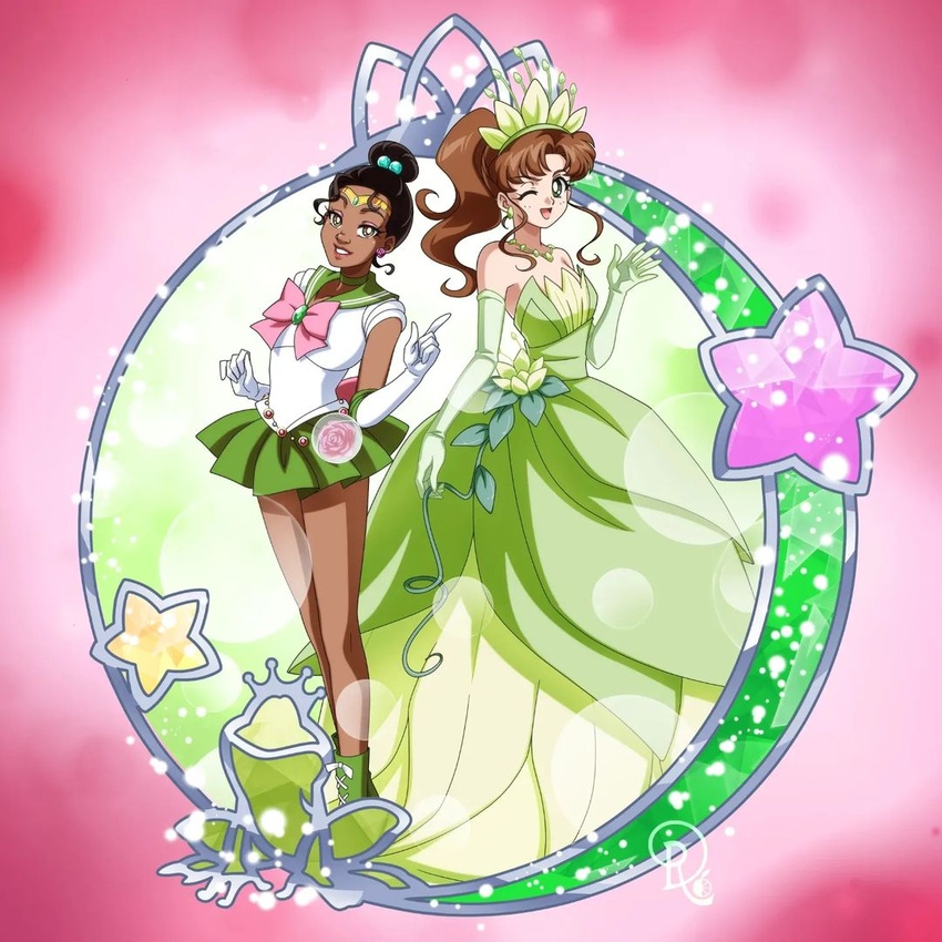 2girls ankle_boots back_bow bare_shoulders bishoujo_senshi_sailor_moon black_hair boots bow brown_hair choker color_connection commission cosplay costume_switch crescent crossover crown dark-skinned_female dark_skin drachea_rannak dress english_commentary evening_gown frog gloves green_choker green_crown green_dress green_gloves green_sailor_collar hair_bun jewelry kino_makoto looking_at_viewer magical_girl miniskirt multiple_girls necklace one_eye_closed pink_background pink_bow pleated_skirt ponytail rose_belt_(sailor_moon) sailor_collar sailor_jupiter sailor_jupiter_(cosplay) sailor_senshi_uniform skirt star_(symbol) the_princess_and_the_frog tiana_(the_princess_and_the_frog) tiana_(the_princess_and_the_frog)_(cosplay) tiara trait_connection water_lily_flower white_gloves