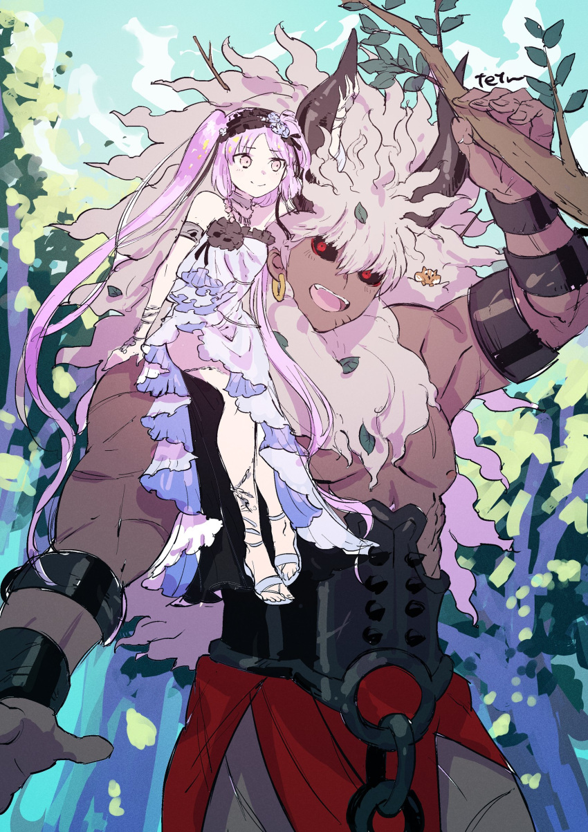 1boy absurdres animal armlet asterios_(fate) black_hairband black_horns black_sclera branch chains chipmunk choker colored_sclera dress earrings euryale_(fate) fate/grand_order fate_(series) female fingernails hairband highres horns jewelry long_hair muscular muscular_male open_mouth outdoors pectorals red_eyes sitting_on_shoulder smile squirrel teeth tetsu_(teppei) upper_teeth_only very_long_hair white_dress white_hair