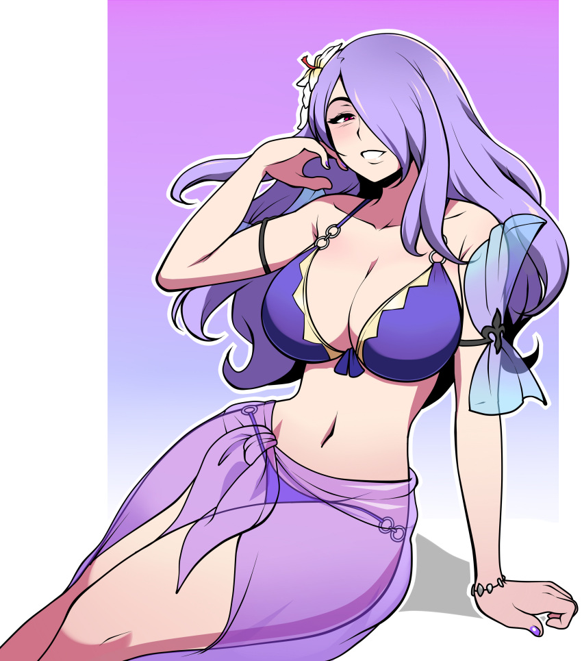 absurdres bikini bracelet breasts camilla_(fire_emblem) camilla_(summer)_(fire_emblem) cleavage collarbone commentary_request cowboy_shot curvy female fire_emblem fire_emblem_fates fire_emblem_heroes flower hair_flower hair_ornament hair_over_one_eye hand_on_own_chin highres jam-orbital jewelry large_breasts long_hair looking_at_viewer nail_polish navel o-ring o-ring_bikini o-ring_bottom official_alternate_costume pink_eyes purple_background purple_hair purple_nails purple_sarong sarong see-through see-through_sarong sitting smile solo swimsuit wavy_hair