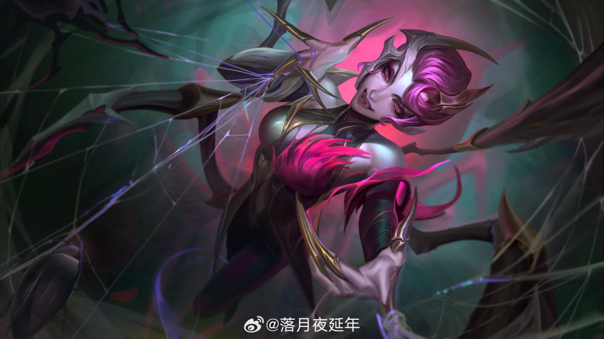 absurdres arthropod_girl artist_name breasts bug claw_(weapon) colored_skin coven_elise elise_(league_of_legends) fangs female fog forest full_body grey_skin hair_ornament highres large_breasts league_of_legends looking_at_viewer luo_yueye nature official_alternate_costume official_alternate_hairstyle open_mouth outdoors pink_hair red_eyes short_hair silk smile solo spider_girl spider_web teeth weapon