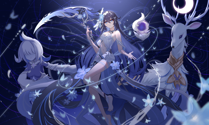 absurdres aichinaigai barefoot black_hair blue_eyes blue_flower breasts bug butterfly colored_inner_hair dress female flower gem glowing_butterfly grid hair_ornament hair_over_eyes hair_stick highres honkai_(series) honkai_impact_3rd incredibly_absurdres legs long_hair looking_at_viewer multicolored_hair navel purple_gemstone reindeer scythe seele_vollerei seele_vollerei_(herrscher_of_rebirth) sleeveless sleeveless_dress small_breasts smile solo star_(symbol) toes very_long_hair white_butterfly white_dress white_fur