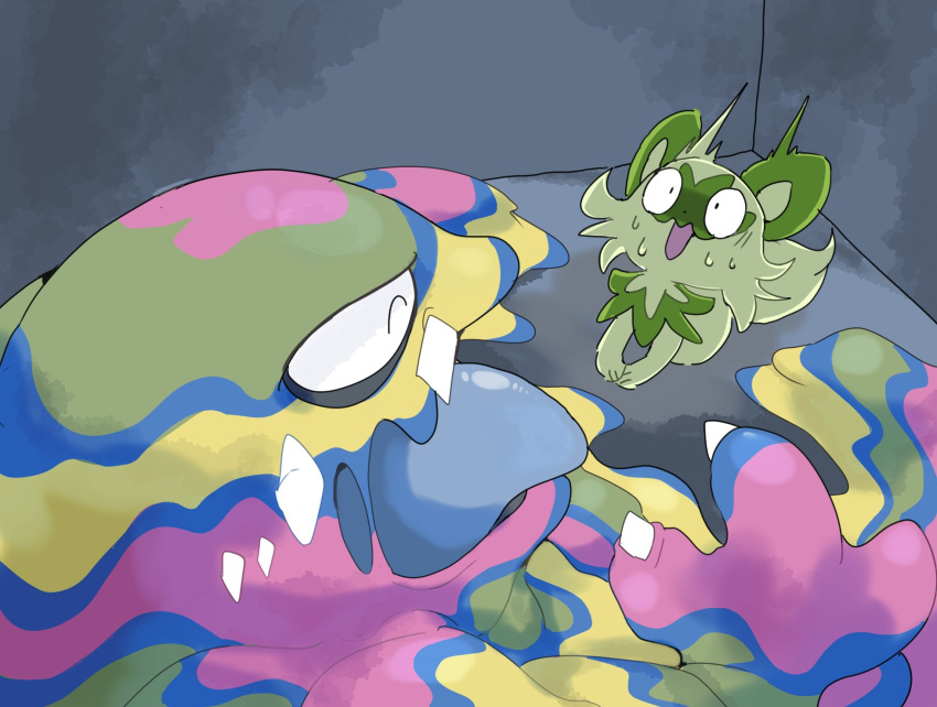 alolan_form alolan_muk ambiguous_gender bodily_fluids colorful_theme duo felid feline feral fur generation_7_pokemon generation_9_pokemon goo-connected_lips goo_creature green_body green_fur hi_res mammal nintendo pokemon pokemon_(species) regional_form_(pokemon) simple_background slime sprigatito sweat winte