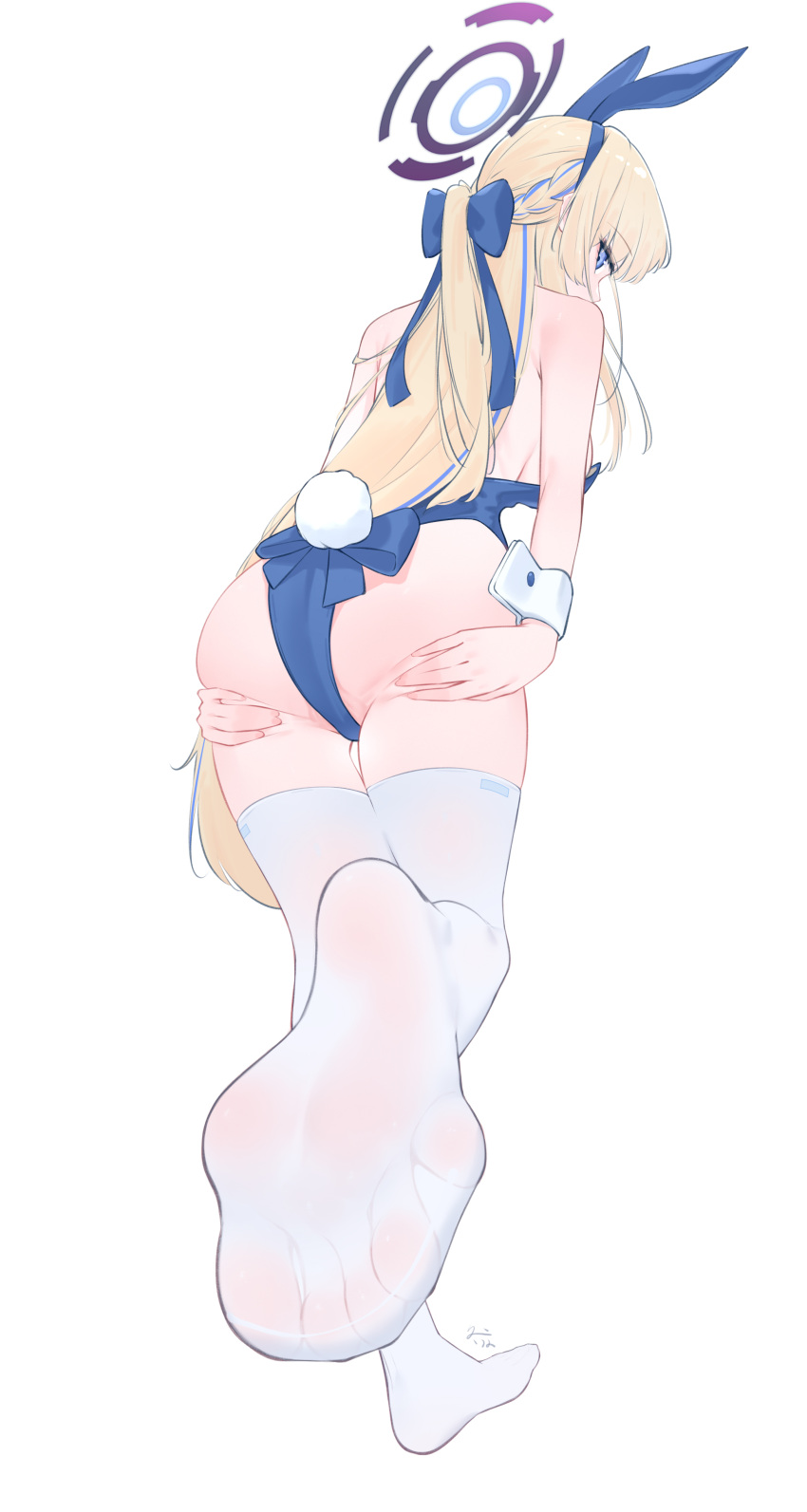 absurdres animal_ears ass bare_shoulders blonde_hair blue_archive blue_eyes blue_hair blue_halo blue_leotard bow braid dongye1551 fake_animal_ears feet female hair_tie hairbow half_up_braid halo highres leotard long_hair looking_at_viewer looking_back multicolored_hair official_alternate_costume playboy_bunny rabbit_ears rabbit_tail soles spread_pussy_under_clothes spread_toes streaked_hair tail thighhighs toes toki_(blue_archive) toki_(bunny)_(blue_archive) white_background white_thighhighs wrist_cuffs