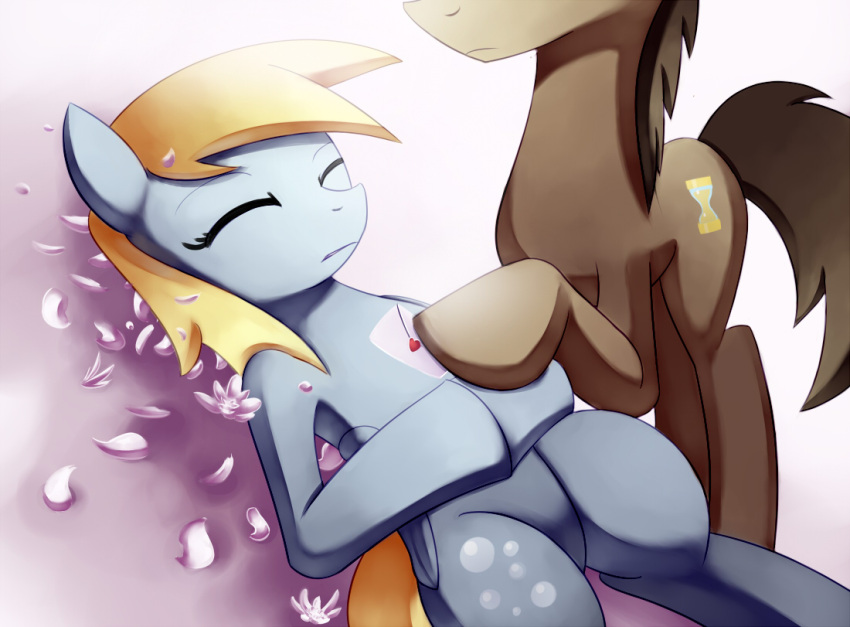 2012 blonde_hair brown_hair closed_eyes cutie_mark derpy_hooves doctor_whooves_(mlp) duo earth_pony equid equine feathered_wings feathers female female_feral feral flower friendship_is_magic grey_body grey_feathers hair hasbro horse letter male male_feral mammal my_little_pony mythological_creature mythological_equine mythology negativefox pegasus petals plant pony tail wings