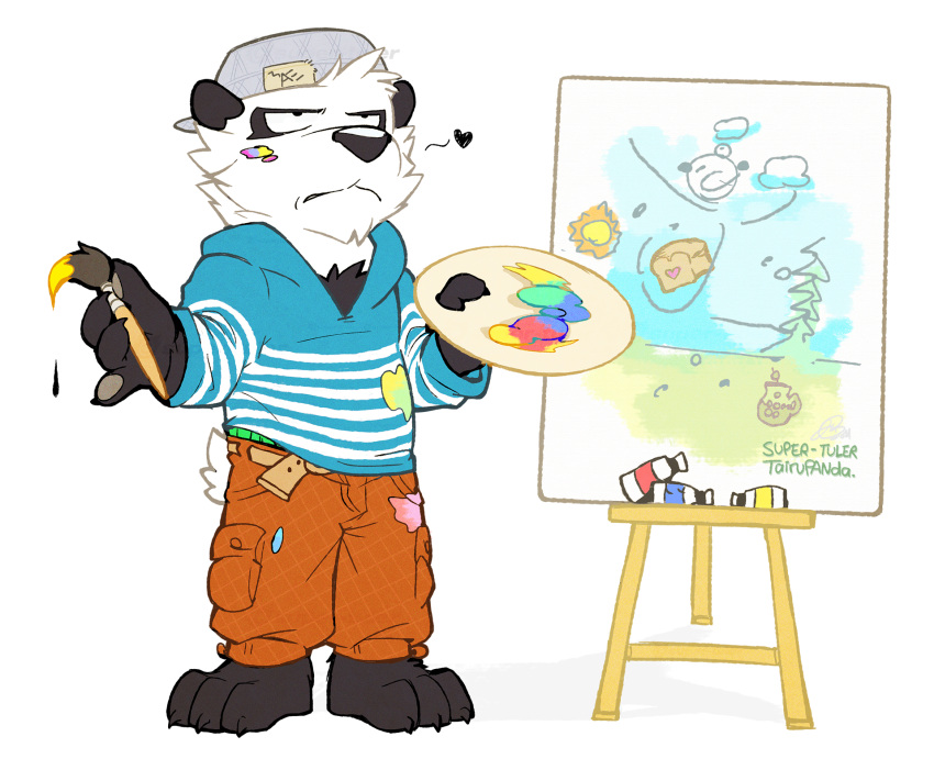 3_toes alpha_channel anthro arms_bent artist barefoot bear biped black_heart bread brush canvas clothing container creating_art dripping easel feet food giant_panda hat headgear headwear heart_symbol hi_res holding_brush holding_object holding_paintbrush holding_palette hoodie male mammal paint paintbrush painting painting_art palette simple_background solo squeeze_tube standing straight_legs super-tuler tairu toast toes topwear transparent_background