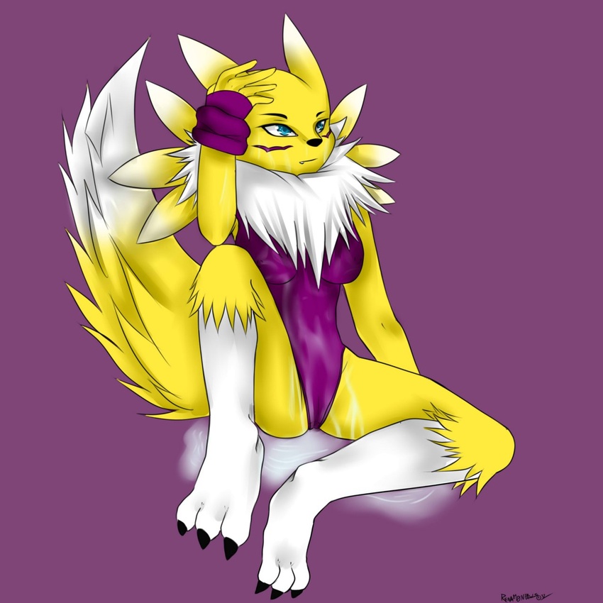 1:1 anthro bandai_namco breasts canid canine clothing digimon digimon_(species) dipstick_tail female fur hi_res leotard mammal markings monotone_clothing monotone_leotard one-piece_swimsuit renamon renamonpaws simple_background solo swimwear tail tail_markings white_body white_fur yellow_body yellow_fur