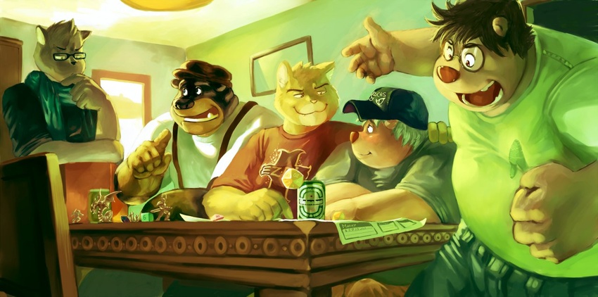 5_fingers alcohol anthro arm_around_shoulders baseball_cap bear beer beverage blazingcheecks brown_hair can canid canine canis clothed clothing container d20 d6 dice domestic_cat domestic_dog dungeons_and_dragons eye_contact eyewear felid feline felis figurine fingers flat_cap food fully_clothed fur furniture geek gesture glasses gloves_(marking) group hair hand_gesture hand_on_shoulder hasbro hat headgear headwear inside looking_aside looking_at_another male mammal markings open_mouth open_smile overweight pince-nez pointing role-playing_game rolled_up_sleeves scarf shirt short_hair sitting smile standing suspenders t-shirt table tan_body tan_fur teeth toony topwear wizards_of_the_coast