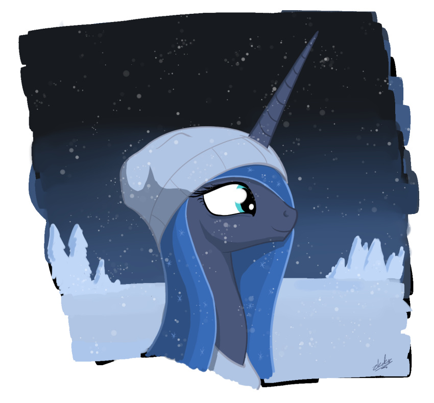 blue_body blue_eyes blue_fur blue_hair clothing equid equine female feral friendship_is_magic fur hair hasbro hat headgear headwear hi_res horn long_hair mammal my_little_pony mythological_creature mythological_equine mythology outside princess_luna_(mlp) snow solo unicorn winter zlack3r