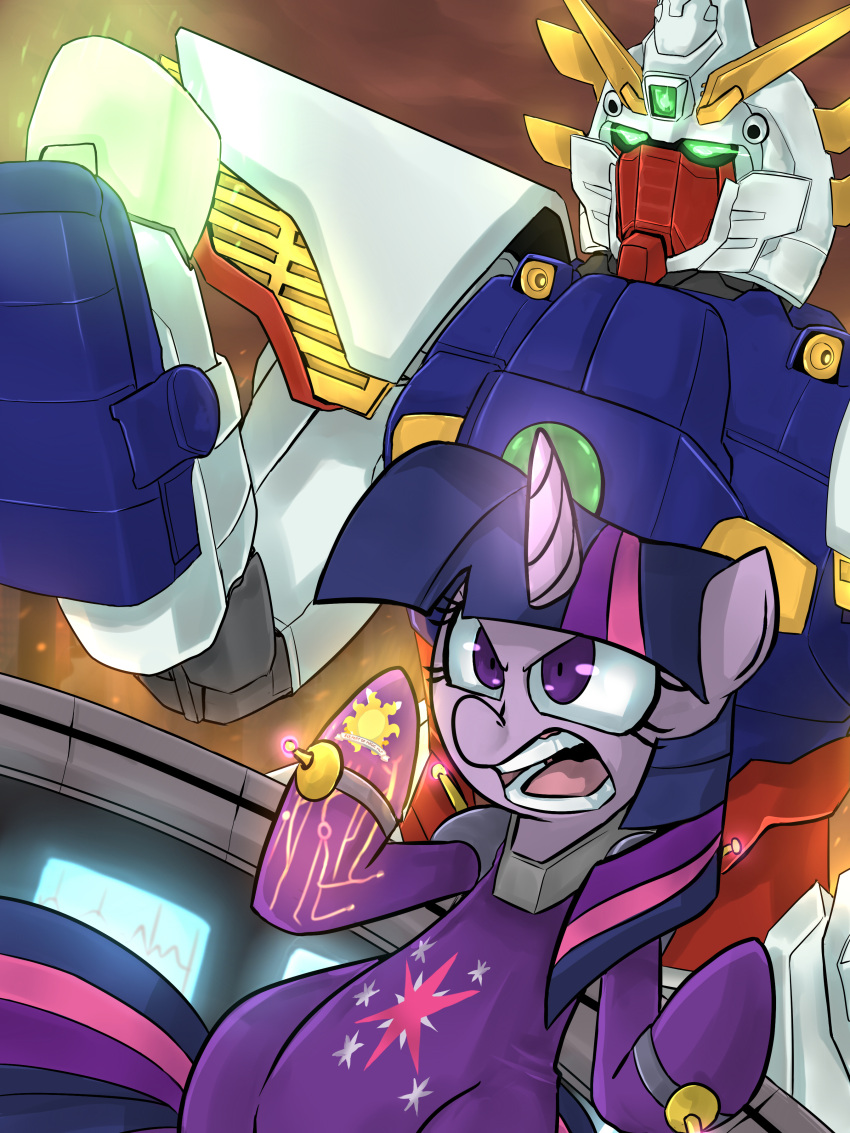 3:4 absurd_res ambiguous_gender bodysuit clothing cutie_mark duo equid equine female feral friendship_is_magic fur gundam hair hasbro hi_res horn machine mammal mecha mobile_suit multicolored_hair my_little_pony mythological_creature mythological_equine mythology parody purple_body purple_fur purple_hair robot shaded shining_gundam skinsuit text text_on_clothing tight_clothing twilight_sparkle_(mlp) two_tone_hair uc77 unicorn