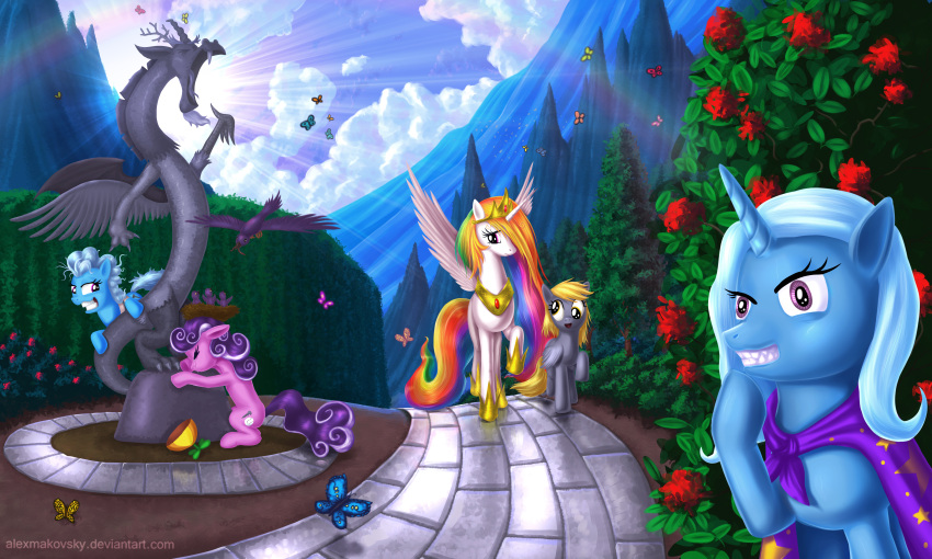 2012 5:3 absurd_res alexmakovsky alicorn antlers armor arthropod avian bird blonde_hair blue_hair butterfly cape chimera clothing cloud crown cutie_mark derp_eyes derpy_hooves detailed_background discord_(mlp) draconequus earth_pony equid equine feathered_wings feathers female feral flower friendship_is_magic grin group hair hasbro hat headgear headwear hi_res horn horse insane insect_wings insects lepidopteran looking_at_viewer mammal membrane_(anatomy) membranous_wings mountain multicolored_hair my_little_pony mythological_creature mythological_equine mythology nest orange_hair outside pegasus pink_eyes pink_hair plant pony princess princess_celestia_(mlp) propeller_hat purple_eyes quadruped rainbow rainbow_hair rose_(flower) royalty scenery screw_loose_(mlp) screwball_(mlp) shrub sky smile tail tom_(mlp) tree trixie_(mlp) two_tone_hair unicorn white_hair wings wood