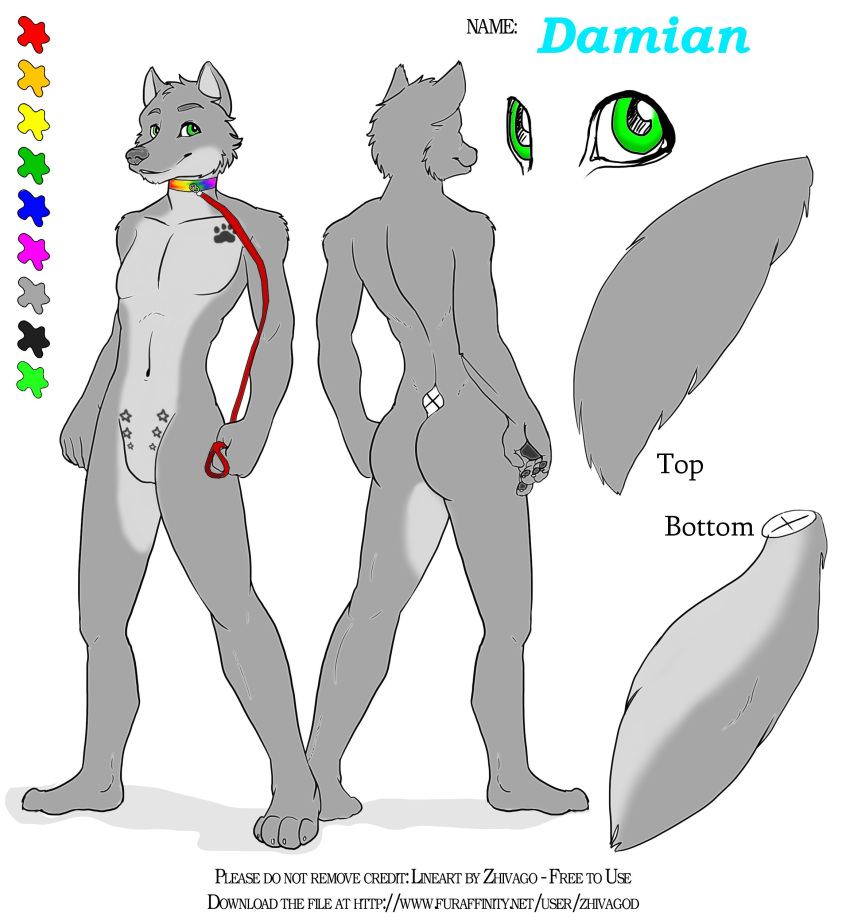 absurd_res anthro canid canine canis collar english_text green_eyes hi_res leash male mammal nude paws print solo star tail text wolf yiffy_foxy zhivago_(artist)