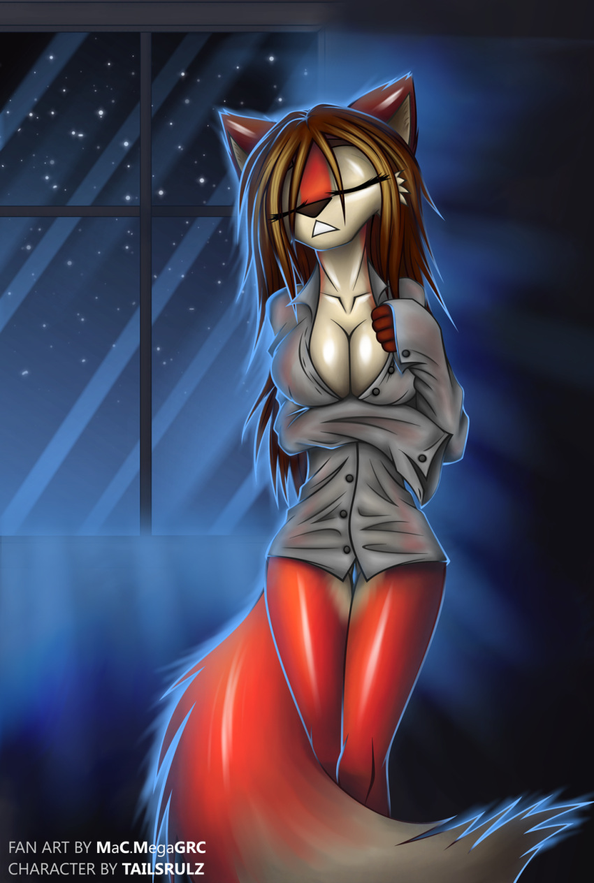 anthro big_breasts breasts canid canine cassandra_(tailsrulz) cleavage closed_eyes clothed clothing dipstick_tail female fox hi_res macmegagerc mammal markings night solo star tail tail_markings thigh_gap