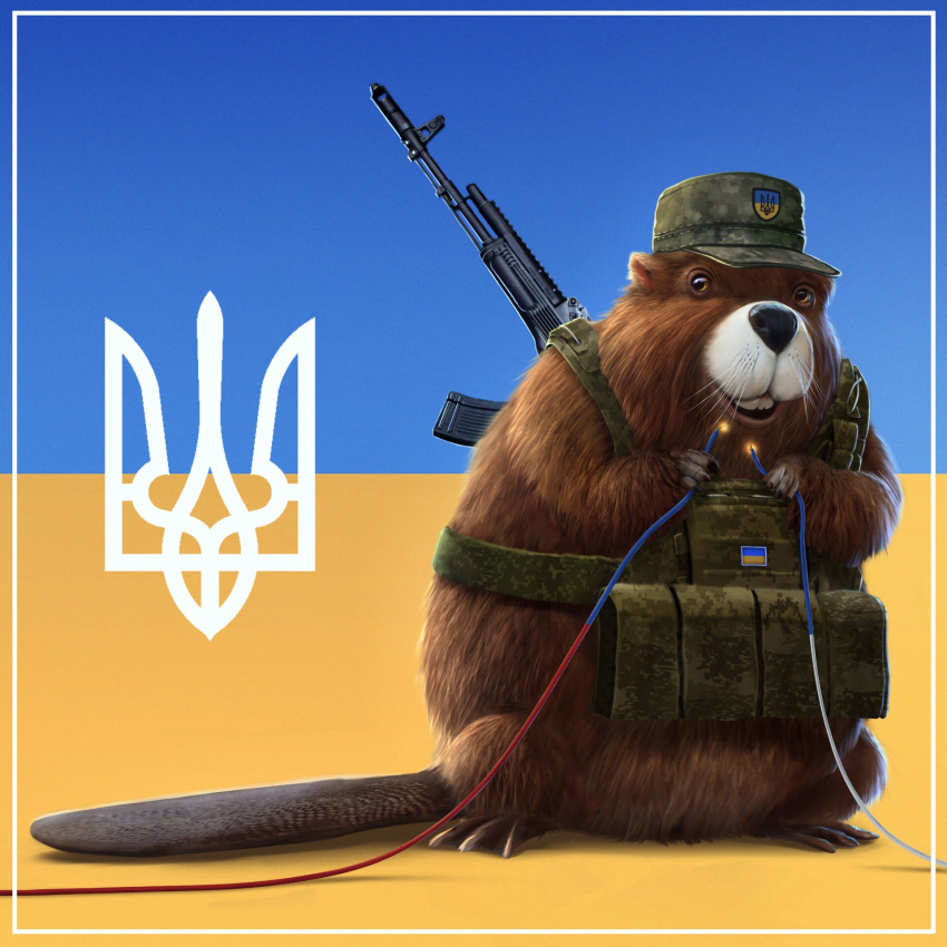 1:1 2022 ambiguous_gender assault_rifle beaver biped black_nose brown_body brown_fur buckteeth bulletproof_vest camo camo_clothing camo_print claws clothing coat_of_arms detailed detailed_fur digital_media_(artwork) feral finger_claws fingers flag flag_background front_view fur gnawing gun hat headgear headwear hi_res holding_wire mammal military military_cap multicolored_body multicolored_fur patrol_cap pattern_clothing politics ranged_weapon rifle rodent russo-ukrainian_war shadow simple_background snout soldier solo tail teeth toe_claws tryzub two_tone_body two_tone_fur ukraine ukrainian_flag warrior weapon whiskers white_body white_fur wire wishbone_mouth xellmet yellow_eyes