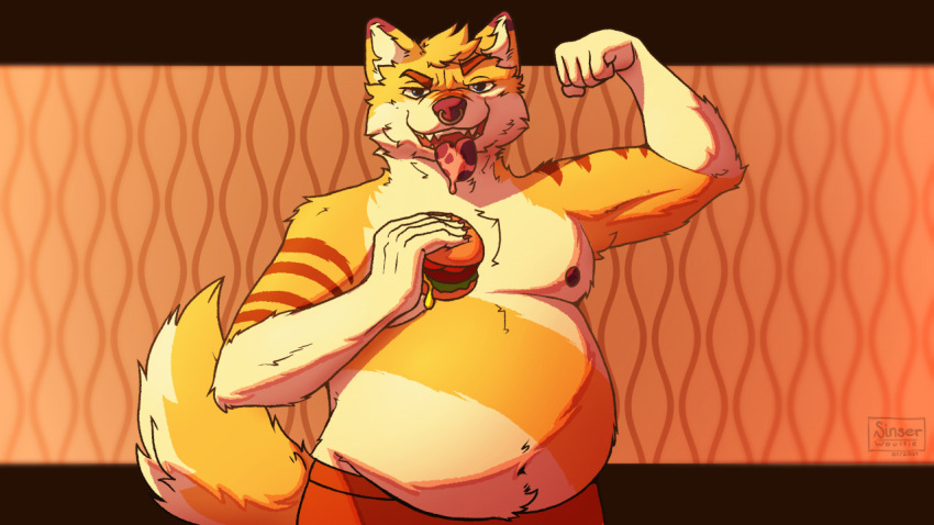 16:9 anthro belly big_belly burger canid canine clothing colored digital_drawing_(artwork) digital_media_(artwork) facial_piercing flexing flexing_bicep flexing_muscles food fox fur hair head_tuft looking_at_viewer male mammal navel nipples nose_piercing open_mouth pattern_background piercing portrait purple_spots shaded simple_background sinser skai slightly_chubby slightly_chubby_anthro slightly_chubby_male smile solo spots spotted_tongue standing stripes teeth tongue tongue_out tuft underwear widescreen yellow_body yellow_fur