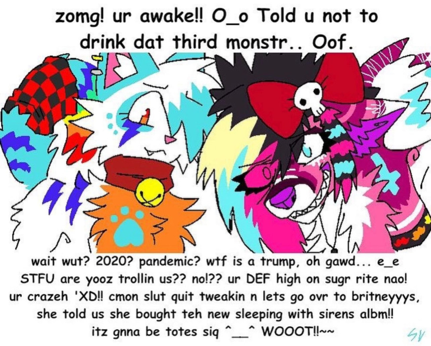 ambiguous_gender anthro bell bell_collar bow_(disambiguation) canid canine canis collar domestic_cat domestic_dog duo ear_piercing english_text engrish felid feline felis female fur grin hair hair_over_eye humor inner_ear_fluff looking_at_viewer male mammal meme multicolored_body multicolored_fur one_eye_obstructed piercing sharp_teeth skull_hair_accessory smile smiling_at_viewer sparklefur teeth text translucent translucent_hair tuft unknown_artist