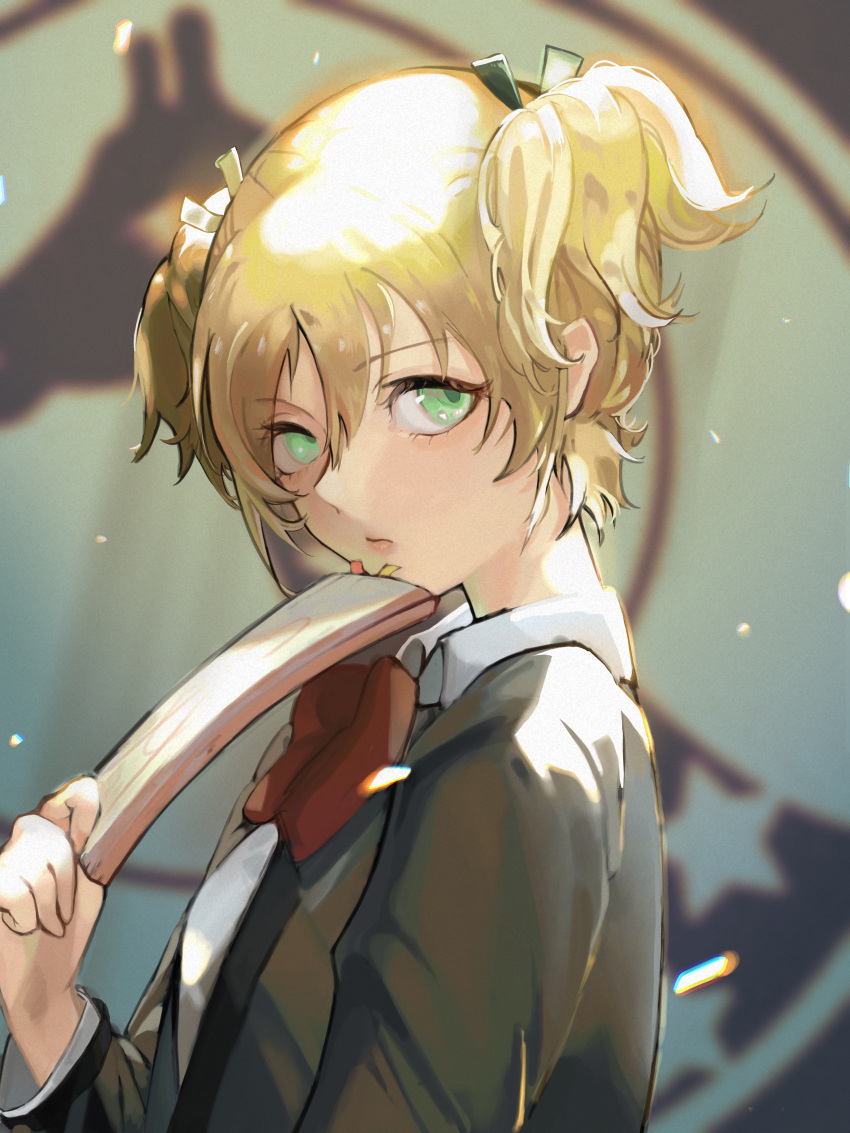 absurdres blonde_hair blurry blurry_background bow bowtie closed_mouth collared_shirt commentary_request daiba_nana eyelashes female from_side giraffe_(revue_starlight) green_eyes green_ribbons grey_jacket hair_between_eyes hair_ribbon hand_up helena_c_l highres holding holding_notebook jacket light_particles light_rays long_sleeves looking_at_viewer looking_to_the_side notebook open_clothes open_jacket red_bow red_bowtie ribbon school_uniform seishou_music_academy_uniform shirt short_hair short_twintails shoujo_kageki_revue_starlight solo twintails upper_body white_shirt