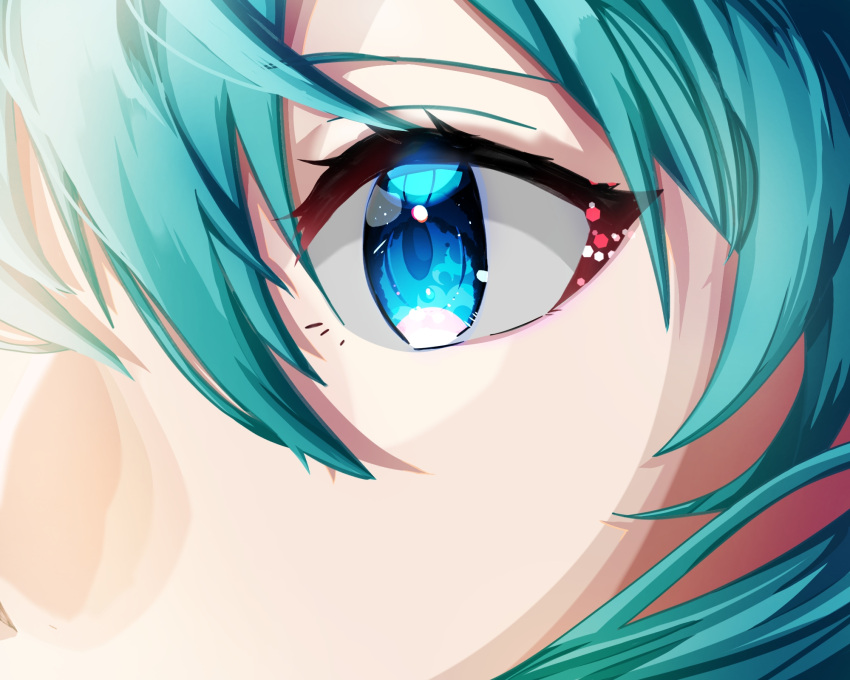 aqua_hair blue_eyes close-up commentary eye_focus eyelashes facing_viewer female glitter glowing glowing_eye hair_between_eyes hatsune_miku highres light long_hair looking_afar shaded_face sidelighting solo symbol_in_eye t_maguo tareme vocaloid