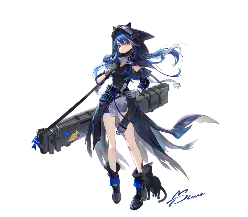 animal_hood bare_legs black_cat black_dress black_footwear blue_eyes blue_hair blue_shorts boots breasts case closed_mouth dress feline female full_body gloves goggles goggles_on_head hair_between_eyes hand_on_own_hip hansum highres holding_strap hood hooded_dress long_hair looking_at_viewer original short_shorts shorts simple_background small_breasts solo test_tube white_background white_gloves