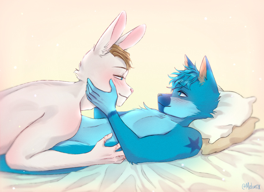 anthro bed bed_sheet bedding bedroom_eyes blue_body blue_fur blue_hair blush blush_lines brown_hair canid canine duo eye_contact folfy_blue fur furniture hair hi_res holding_each_other holding_face holding_waist humanoid_hands hybrid lagomorph leporid looking_at_another loving_gaze male male/male mammal melunix narrowed_eyes nude pillow rabbit romantic romantic_couple scar seductive simple_background smile smiling_at_each_other snow_(snowsef) white_bed_sheet white_bedding white_body white_fur