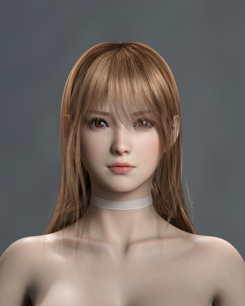 3d absurdres bad_id bad_pixiv_id bare_shoulders brown_eyes brown_hair choker closed_mouth collarbone commentary dead_or_alive female gradient grey_background highres hxwxrf kasumi_(doa) lips long_hair simple_background solo