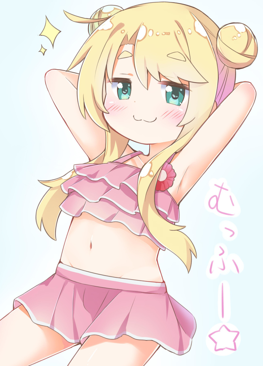 :3 absurdres alternate_hairstyle arms_behind_head bikini bikini_skirt blonde_hair blush closed_mouth commentary_request double_bun esureki female frilled_bikini frills gradient_background green_eyes hair_bun highres himesaka_noa long_hair looking_at_viewer navel pink_bikini simple_background smile solo sparkle standing star_(symbol) stomach swimsuit translation_request watashi_ni_tenshi_ga_maiorita!