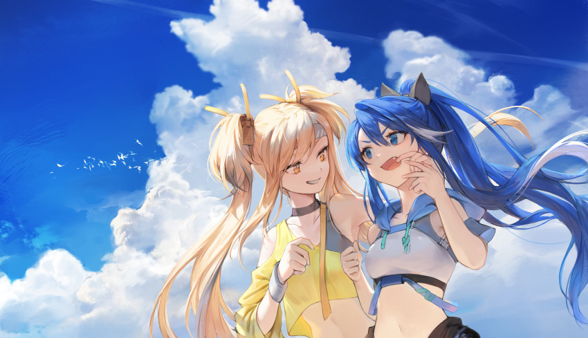 2girls black_choker blonde_hair blue_eyes blue_hair breasts choker clothing_cutout cloud cloudy_sky crop_top day floating_hair grin hair_between_eyes hair_ornament hand_in_mouth hansum highres hood hood_down long_hair long_sleeves looking_at_another medium_breasts midriff multicolored_hair multiple_girls navel oerba_yun_fang open_mouth original ponytail shirt shoulder_cutout single_sleeve sky smile streaked_hair twintails upper_body v-shaped_eyebrows white_hair wristband yellow_eyes yellow_shirt