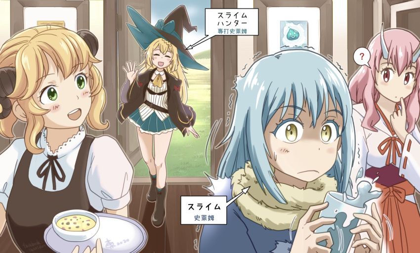 1other 3girls aizawa_azusa aletta androgynous ascot blonde_hair blue_hair blush boots bow bowl chinese_text crossover drawing_(object) food glass green_eyes hand_up hat horns ikari_don isekai_shokudou jacket japanese_clothes kimono long_hair maid multiple_crossover multiple_girls neck_ribbon oni oni_horns pink_eyes pink_hair restaurant ribbon rimuru_tempest shuna_(tensei_shitara_slime_datta_ken) skirt slime_(creature) slime_taoshite_300_nen_shiranai_uchi_ni_level_max_ni_nattemashita smile soup surprised tensei_shitara_slime_datta_ken translated water witch witch_hat yellow_eyes