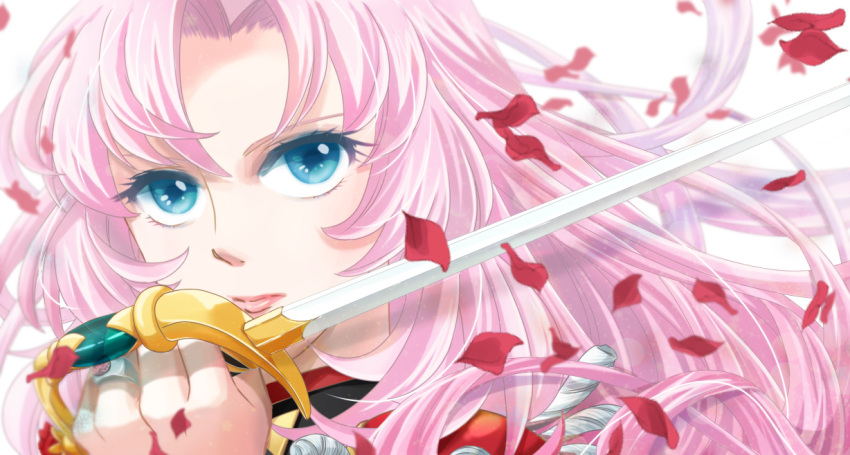 ado002 blue_eyes female holding holding_sword holding_weapon jewelry lips long_hair looking_at_viewer petals pink_hair portrait rapier ring rose_petals shoujo_kakumei_utena solo sword sword_of_dios tenjou_utena weapon