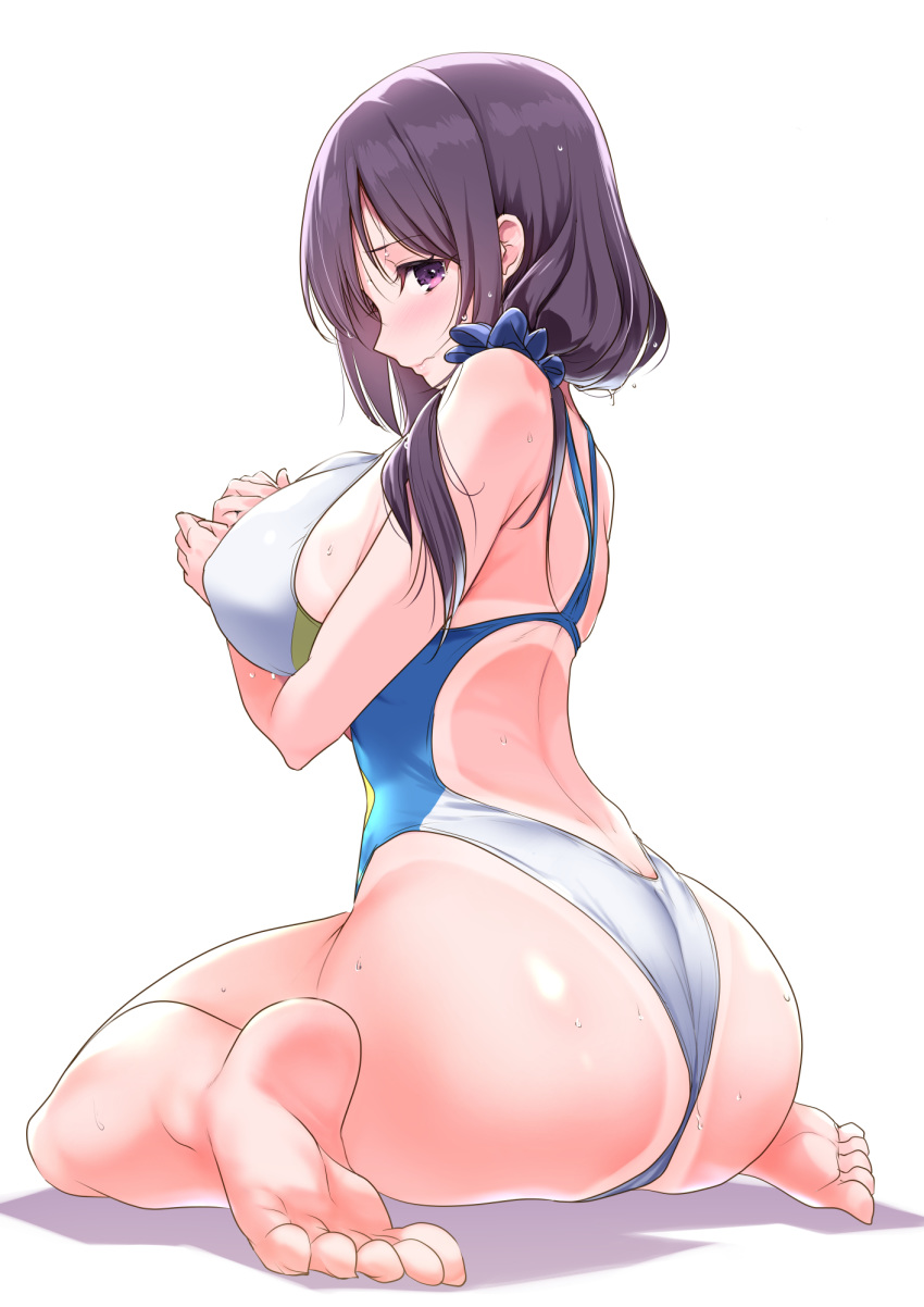 ass back bare_arms barefoot blush breasts closed_mouth competition_swimsuit doujinshi feet female furrowed_brow highleg highleg_swimsuit highres large_breasts lips long_hair looking_at_viewer looking_back low-tied_long_hair mizuki_saya_(nylon) nylon_(nylon_100) one-piece_swimsuit one-piece_tan original purple_eyes purple_hair scrunchie side_ponytail sidelocks simple_background sitting solo swimsuit tan tanlines toes wariza wet white_background white_one-piece_swimsuit