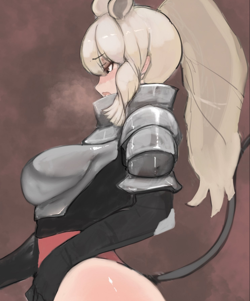 ^^^ animal_ears armor blonde_hair blush boobplate breastplate breasts brown_eyes female from_side gorget highres kemono_friends large_breasts leotard long_hair open_mouth pauldrons ponytail rhinoceros_ears shibori_kasu shoulder_armor solo sweat tail thighhighs thighs upper_body white_rhinoceros_(kemono_friends)