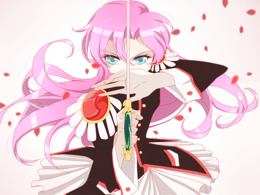 black_jacket blue_eyes commentary female harakiy highres holding holding_sword holding_weapon jacket long_hair long_sleeves looking_at_viewer ootori_gakuen_school_uniform petals pink_hair rapier rose_petals school_uniform shoujo_kakumei_utena solo sword sword_of_dios tenjou_utena upper_body weapon white_background