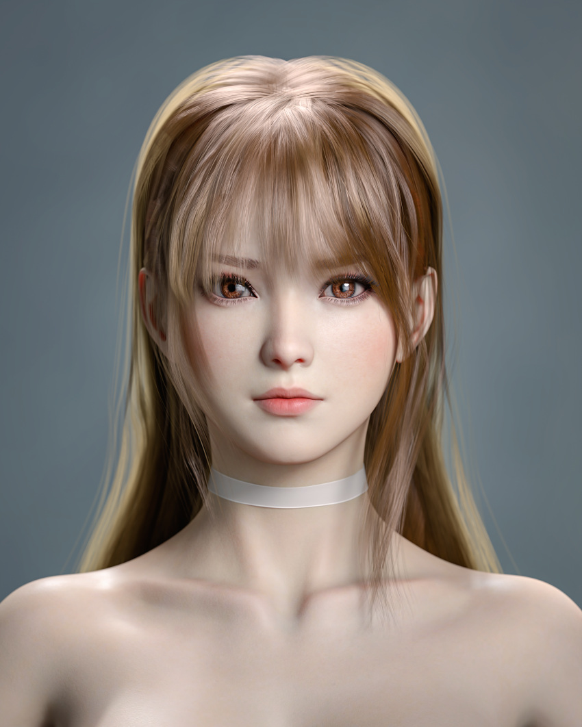 3d absurdres bad_id bad_pixiv_id bare_shoulders brown_eyes brown_hair choker closed_mouth collarbone commentary dead_or_alive female gradient grey_background highres hxwxrf kasumi_(doa) lips long_hair simple_background solo