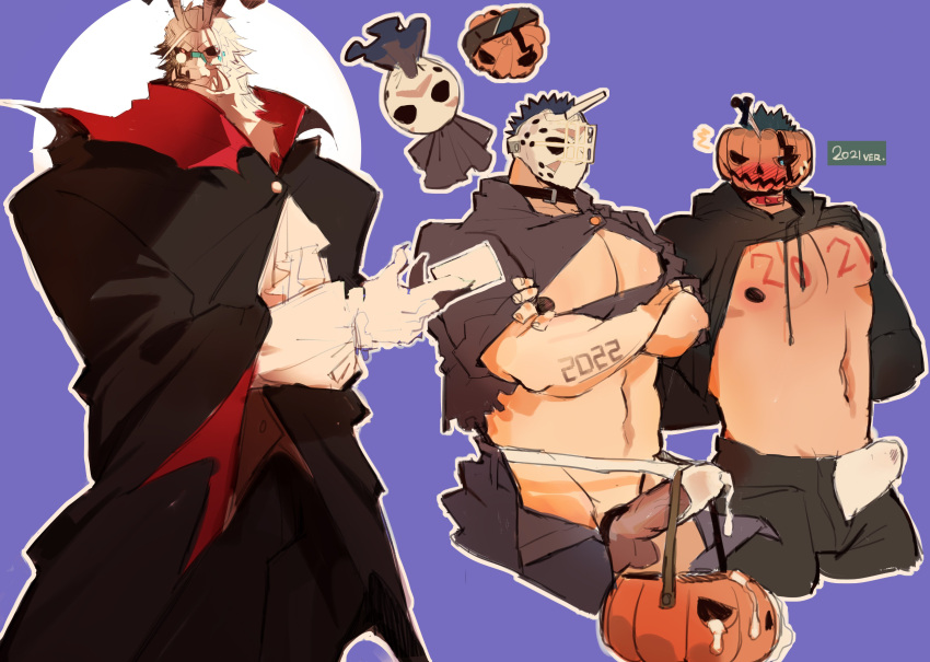 2021 2022 3boys absurdres bara bare_pectorals blush bulge card cropped_legs crossed_arms cum cum_in_clothes cum_through_clothes erection erection_under_clothes furry furry_male halloween halloween_costume highres hockey_mask holding holding_card jack-o'-lantern jack-o'-lantern_head large_pectorals male_focus male_underwear mask multiple_boys muscular muscular_male nipples open_fly open_pants original pants pectorals penis precum precum_through_clothes rathalosx4 round_eyewear shirt short_hair torn_clothes torn_shirt underwear vampire_costume white_male_underwear yaoi