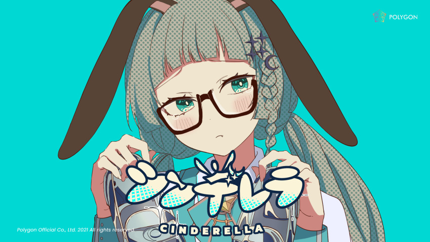 animal_ears aqua_background aqua_eyes artist_request ascot black-framed_eyewear blue_ascot blush braid brooch cinderella_(vocaloid) crescent crescent_hair_ornament ear_down female glasses green_hair hair_ornament highres holding holding_shoes jewelry long_sleeves looking_at_viewer lucene_(polygon_project) official_art polygon_project rabbit_ears shoes simple_background solo song_name star_brooch virtual_youtuber wing_collar