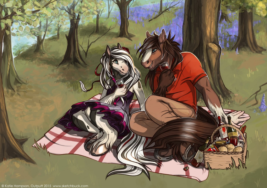 2015 5_fingers alcohol anthro arm_support basket beverage black_body black_fur black_hair black_tail blaze_(marking) bottle bottomwear bread brown_body brown_fur brown_hair brown_tail clothed clothing container detailed_background digital_media_(artwork) draft_horse dress duo ear_piercing ellis_(slaton) equid equine facial_markings female fingers food fur glass grass gypsy_vanner hair head_markings holding_glass holding_object hooves horse horseshoe humanoid_hands kalin_(lapres) katie_hampson long_hair male mammal markings multicolored_body multicolored_fur multicolored_hair nature outside pants picnic picnic_basket piercing plant polo_shirt reclining shire shirt slaton tail text topwear tree two_tone_body two_tone_fur two_tone_hair two_tone_tail underhoof url watermark white_body white_fur white_hair white_markings white_tail wine