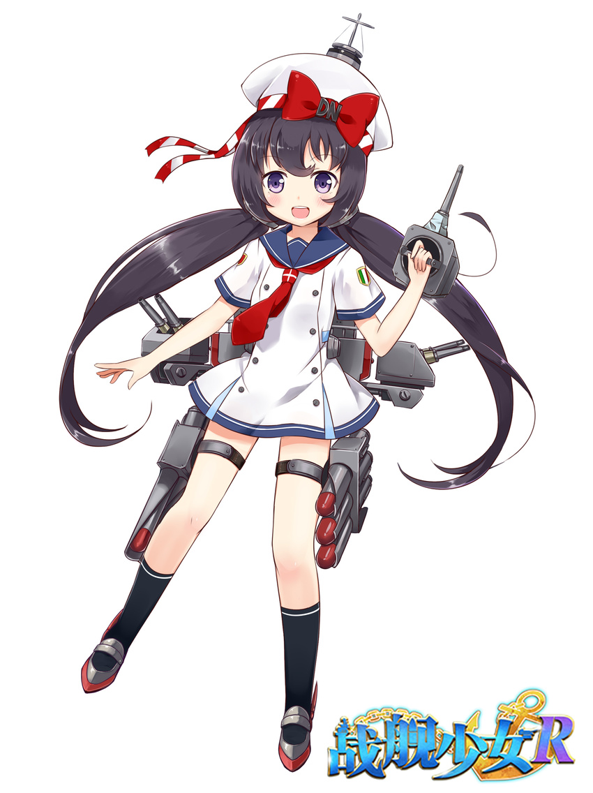 :d antonio_da_noli_(warship_girls_r) black_hair black_socks blush bow buttons cannon commentary_request copyright_name double-breasted dress female full_body hat highres holding holding_weapon italy legs_apart linda_b long_hair looking_at_viewer low_twintails machinery official_art open_mouth photoshop_(medium) purple_eyes red_bow ribbon rigging sailor_collar sailor_dress shirt short_sleeves smile socks solo standing striped striped_ribbon teeth thigh_strap torpedo turret twintails very_long_hair warship_girls_r weapon white_background white_hat white_shirt