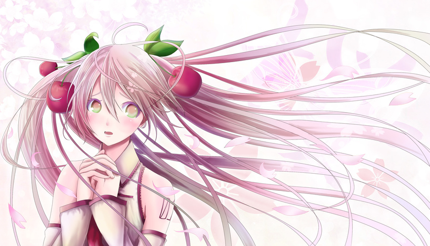 cherry_blossoms commentary_request detached_sleeves female hair_between_eyes hair_fruit hatsune_miku kentaurosu long_hair own_hands_together pink_hair sakura_miku solo upper_body vocaloid