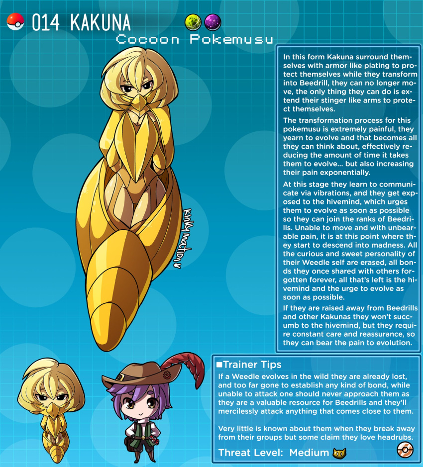 2020 character_profile character_sheet cocoon corset english_text garter_straps insect_humanoid kakuna kinkymation nintendo page_14 page_number pokémon_(species) pokemon pokemon-girl_encyclopedia pokemorph pokemusu profile tagme text text_box text_focus yellow_corset yellow_garter_straps yellow_hair