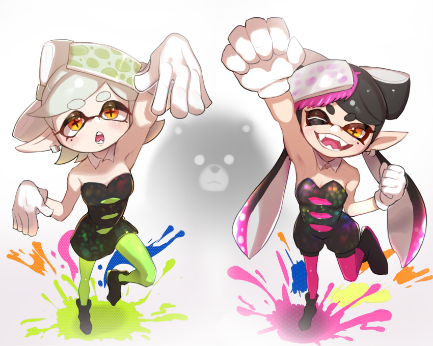 2girls ;d arm_up bare_shoulders black_dress black_footwear black_hair blush boots bow-shaped_hair breasts callie_(splatoon) clenched_hands commentary_request cross-shaped_pupils detached_collar dress earrings fangs gloves gradient_hair green_pantyhose grey_hair hair_ornament half_updo hand_up highres inkling jewelry leg_up long_hair looking_at_viewer marie_(splatoon) medium_breasts medium_hair mole mole_under_eye mr._grizz_(splatoon) multicolored_hair multiple_girls one_eye_closed onikuman open_mouth orange_eyes paint paint_splatter pantyhose parted_bangs pink_hair pink_pantyhose pointy_ears short_dress short_eyebrows simple_background smile splatoon_(series) splatoon_3 strapless strapless_dress swept_bangs symbol-shaped_pupils teeth tentacle_hair thick_eyebrows tongue twintails v-shaped_eyebrows very_long_hair white_background white_gloves wing_collar